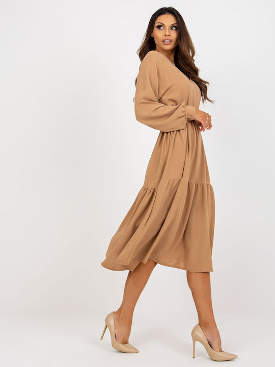 Och Bella Midi Dress with Ruffle Camel