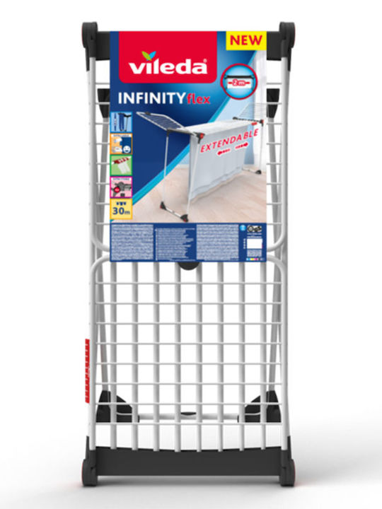 Vileda Infinity Flex Folding Floor Clothes Drying Rack Metallic with Wheels with Hanging Length 30m
