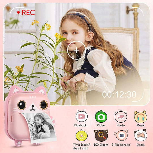 M2 Cute Kitty Cameră Foto pentru Copii 48MP cu Imprimare Termică Roz
