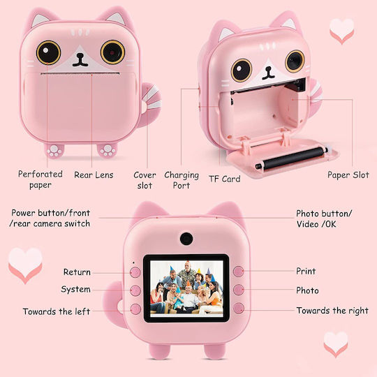 M2 Cute Kitty Cameră Foto pentru Copii 48MP cu Imprimare Termică Roz