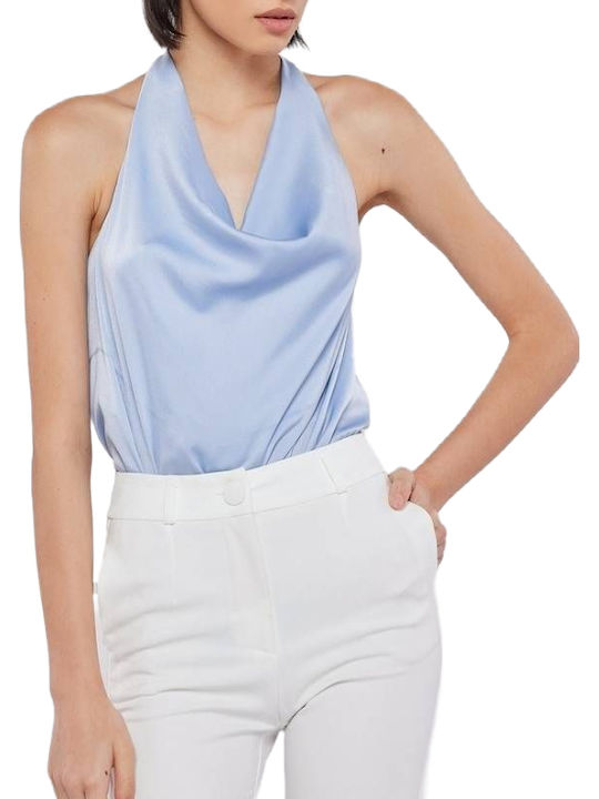 2023S015 Women's Summer Blouse Satin Sleeveless Drape Light Blue