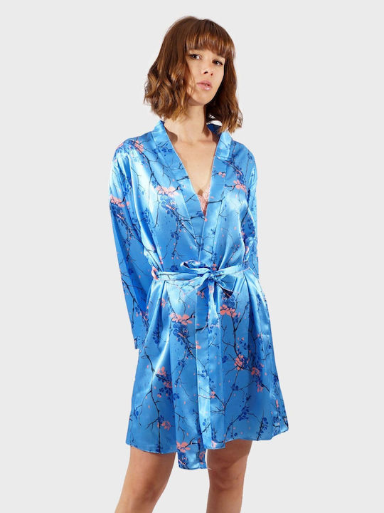 Women's set satin robe nightgown all print monochrome nightgown lace details. Saten Collection INDIGO