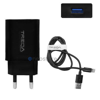 Treqa Încărcător cu Port USB-A și Cablu Fulgerul 18W Quick Charge 3.0 Negruς (CS-220)