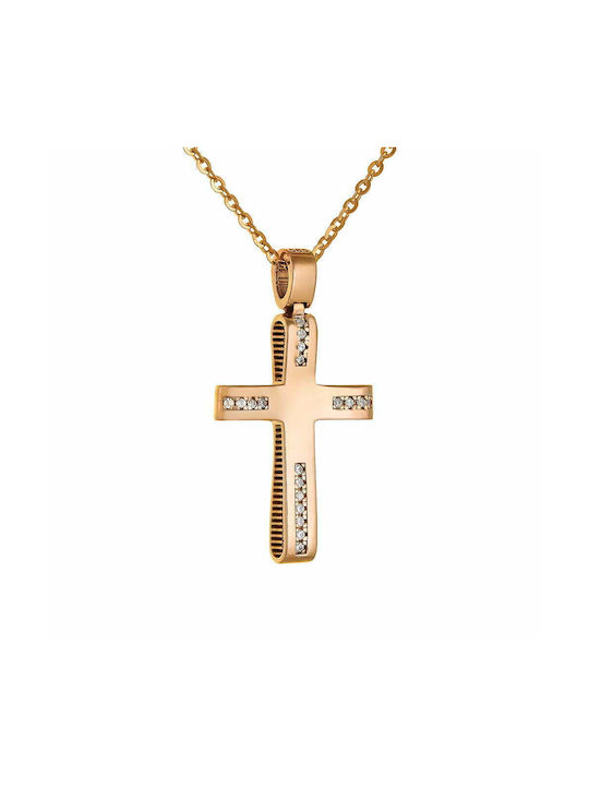 Women's Cross with Chain 40cm Rose Gold 14K Rose Gold Double Sided Lustre Cross with Heart & White Zircon Stones Details on the Other Side AFS-21529R