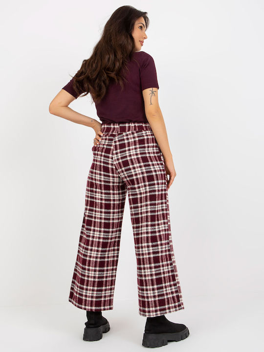 Lakerta Women's High-waisted Fabric Capri Trousers in Wide Line Checked Burgundy