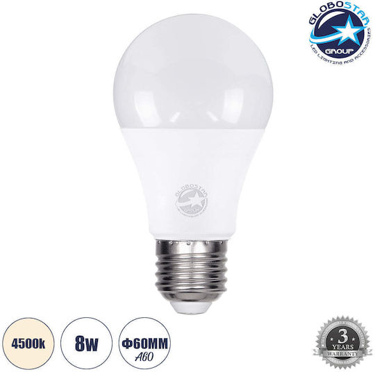GloboStar LED-Lampe 8W für Fassung E27 und Form A60 Naturweiß 776lm