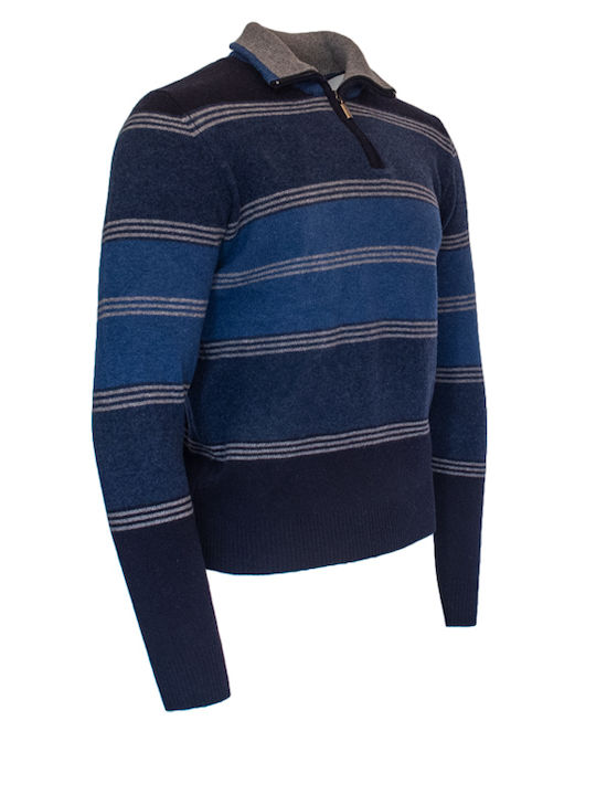 Sweater with Collar Zipper and Stripes Blue PHOENIX