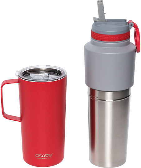 Asobu Twin Pack Μπουκάλι Θερμός Ανοξείδωτο 900ml Κόκκινο