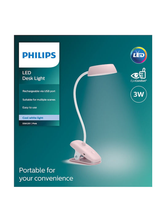 Philips Επαναφορτιζόμενο LED Φωτιστικό Γραφείου με Εύκαμπτο Βραχίονα και Κλιπ σε Ροζ Χρώμα