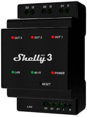 Shelly Pro 3 Smart Ενδιάμεσος Διακόπτης Wi-Fi σε Μαύρο Χρώμα