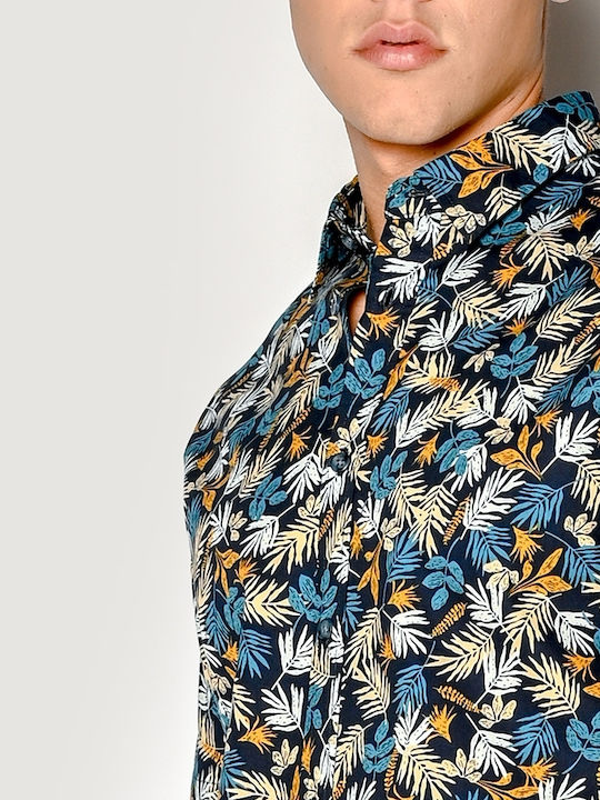 Short-sleeved Cotton Shirt Floral Blue