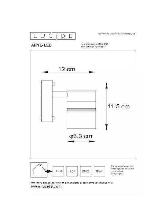 Lucide Lightning Arne Wall-Mounted Outdoor Spot Light GU10 IP44