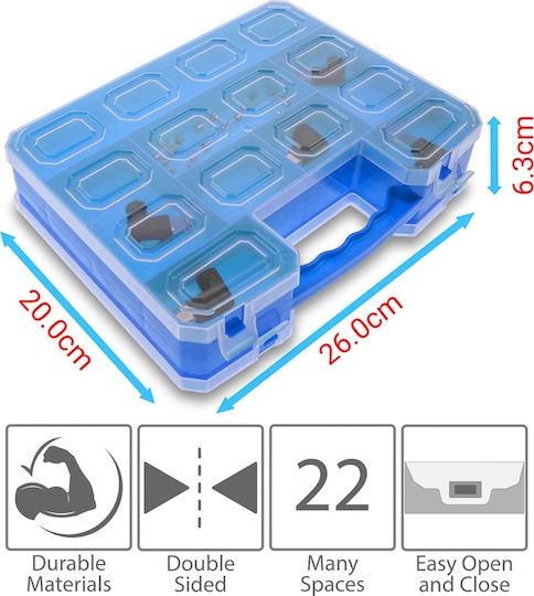Dual Side Tool Compartment Organiser 22 Slot Blue 26x20x6.3cm