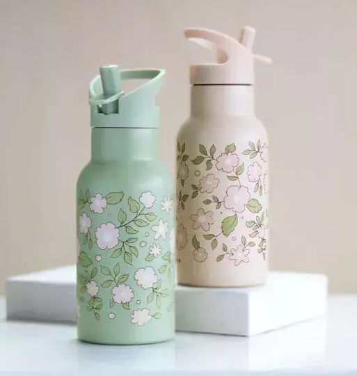 A Little Lovely Company Kids Water Bottle Thermos Butterfly Stainless Steel with Straw Non Spill Blossoms Pink 350ml