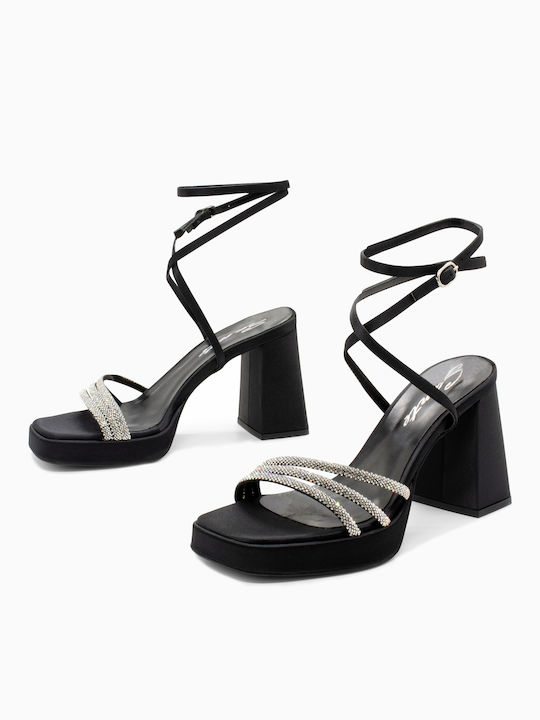 Sante Platform Women's Sandals with Ankle Strap Black with Chunky High Heel