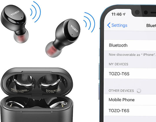 Tozo Tws T6s Earbud Bluetooth Handsfree Ακουστικά με Αντοχή στον Ιδρώτα και Θήκη Φόρτισης Μαύρα
