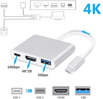 Μετατροπέας USB-C male σε HDMI / USB-A / USB-C female Ασημί (1-DOCK010)