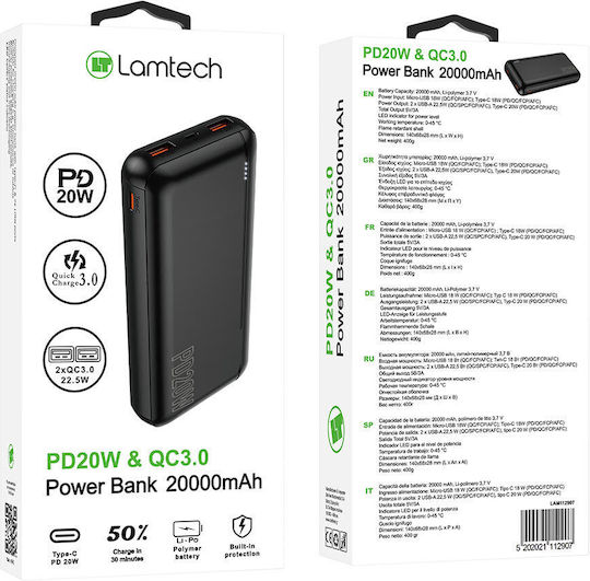 Lamtech Power Bank 20000mAh 22.5W με 2 Θύρες USB-A και 2 Θύρες USB-C Power Delivery / Quick Charge 3.0 Μαύρο