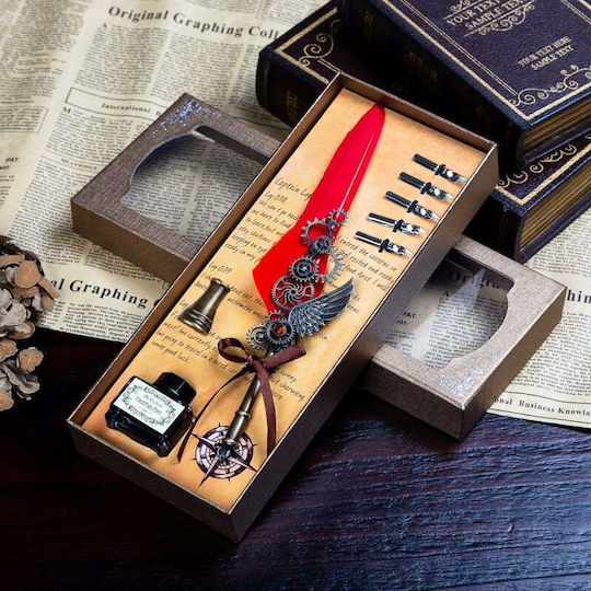 Calligraphy Pen With Quill Red With Blue Ink