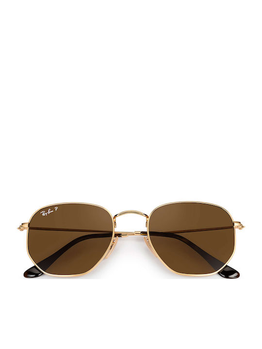 Ray Ban Hexagonal Unisex Sunglasses with Gold Metal Frame and Brown Polarized Lens RB3548N 001/57