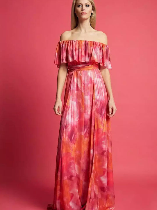Rochie Maxi de Vară pentru Nuntă Botez Fără Bretele cu Umerii Goi Fuchsia