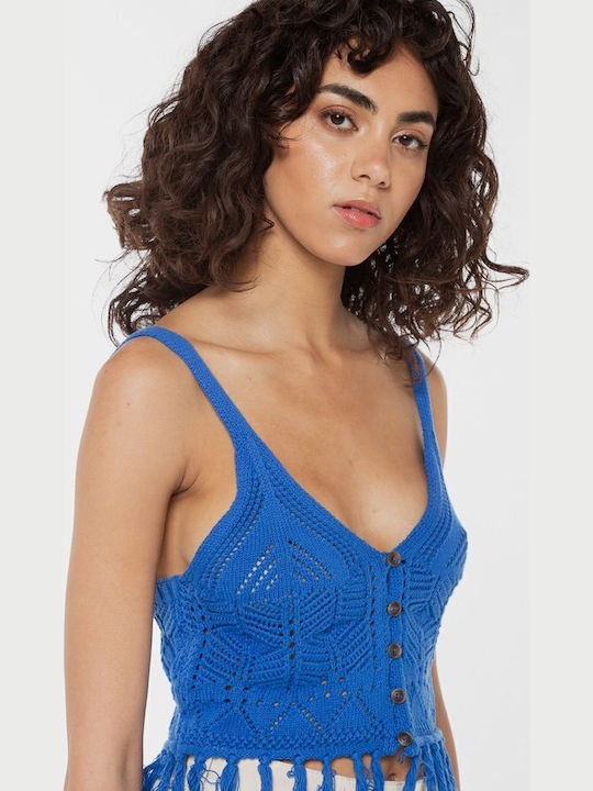 Loro Γυναικείο Καλοκαιρινό Crop Top Αμάνικο με V Λαιμόκοψη Μπλε