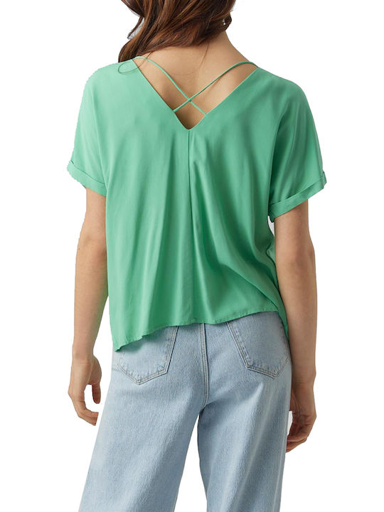Vero Moda Damen Sommerliche Bluse Kurzärmelig mit V-Ausschnitt Grün