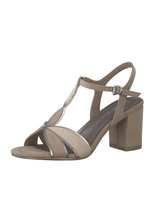 Marco Tozzi Fabric Women's Sandals Nude with Chunky Medium Heel