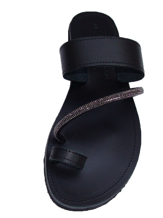 Sandale plate din piele lucrate manual cu sclipici de culoare neagră