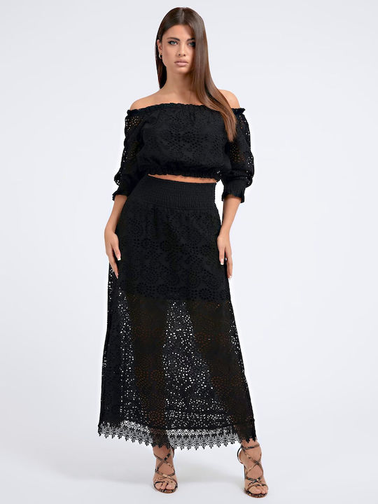 W3GH95WFDC0 Damen Sommer Bluse Baumwolle Schulterfrei mit 3/4 Ärmel Schwarz
