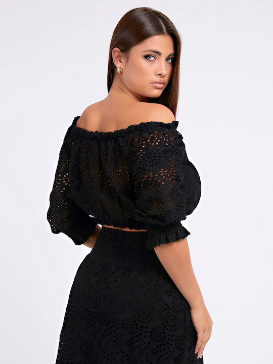 W3GH95WFDC0 Damen Sommer Bluse Baumwolle Schulterfrei mit 3/4 Ärmel Schwarz