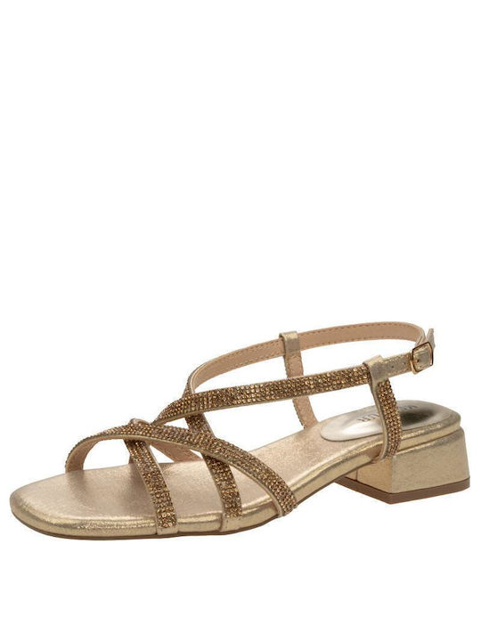 Menbur Damen Sandalen aus Veloursleder mit Chunky niedrigem Absatz in Gold Farbe