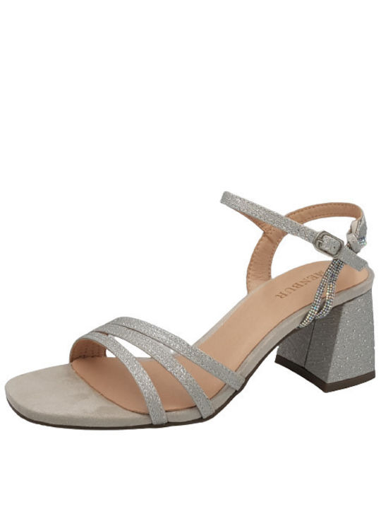 Menbur Women's Sandals Silver with Chunky Medium Heel 0