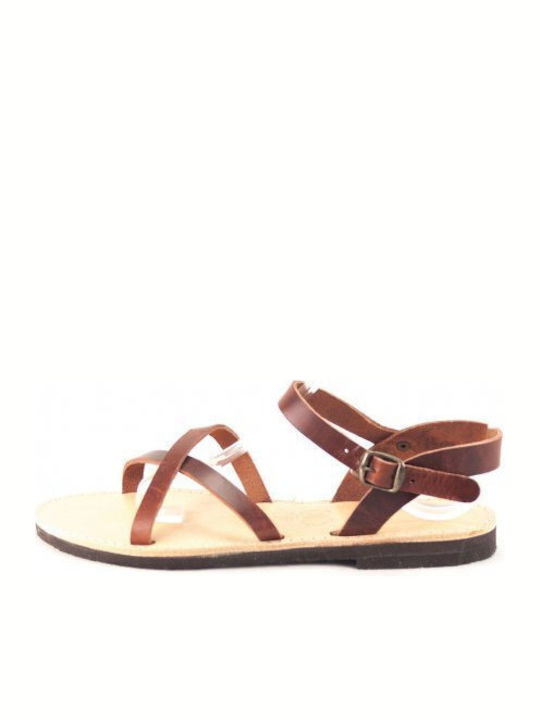 Kouros Leder Damen Flache Sandalen mit Riemen in Braun Farbe