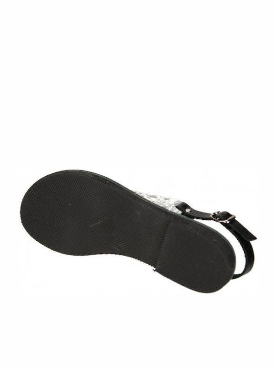 Leather Women's Flat Sandals with Strap in Black Color