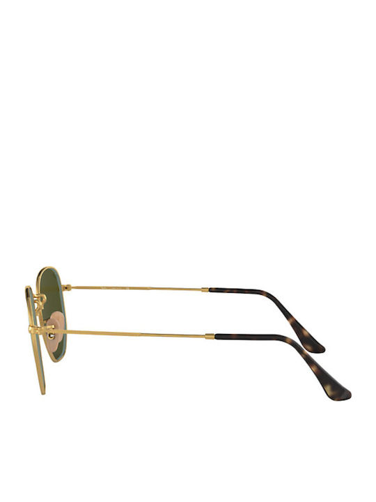 Ray Ban Hexagonal Unisex Sunglasses with Gold Metal Frame and Green Mirror Lens RB3548N 001/30
