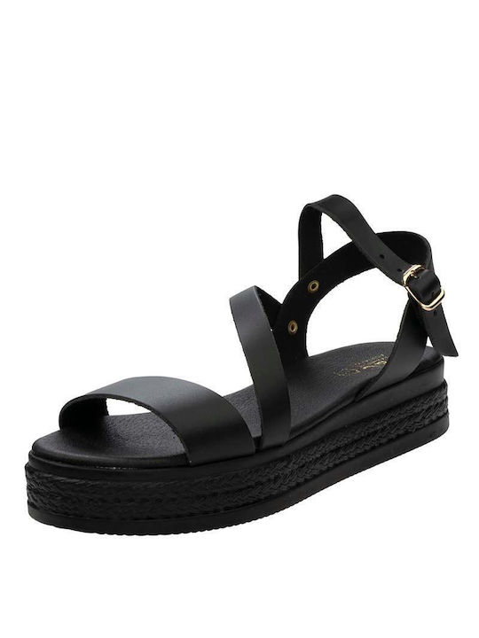 J&C Leather Women's Sandals with Ankle Strap Black