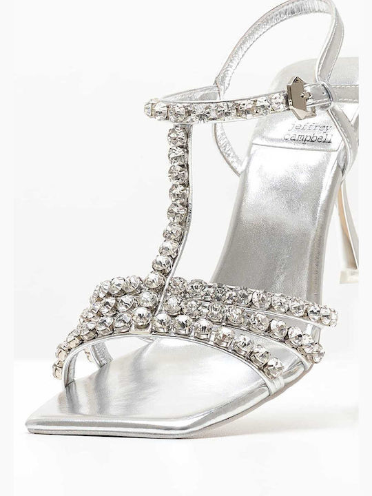 Jeffrey Campbell Leather Women's Sandals with Strass Silver with Chunky High Heel