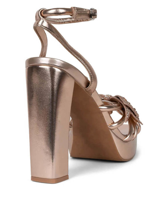 Fantasies Leather Sandals with Strass Rose Gold