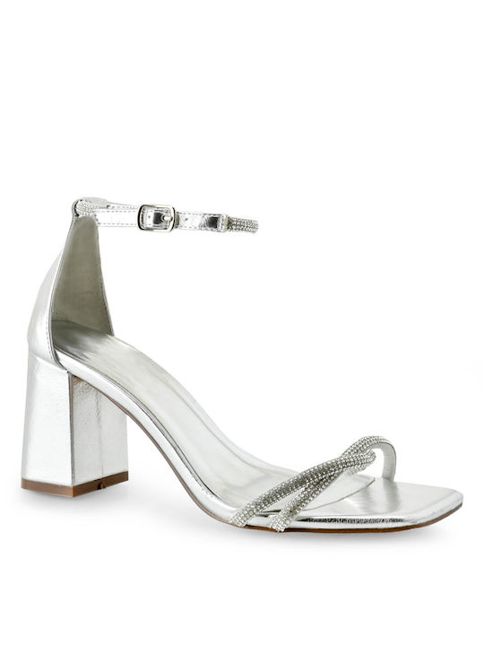 Seven Women's Sandals with Strass & Ankle Strap Silver with Chunky Medium Heel