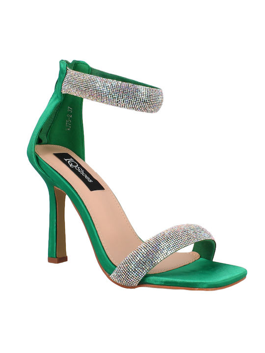 IQ Shoes Fabric Women's Sandals with Strass & Ankle Strap Green with Chunky High Heel