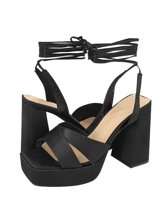 Gianna Kazakou Platform Fabric Women's Sandals with Laces Black with Chunky High Heel