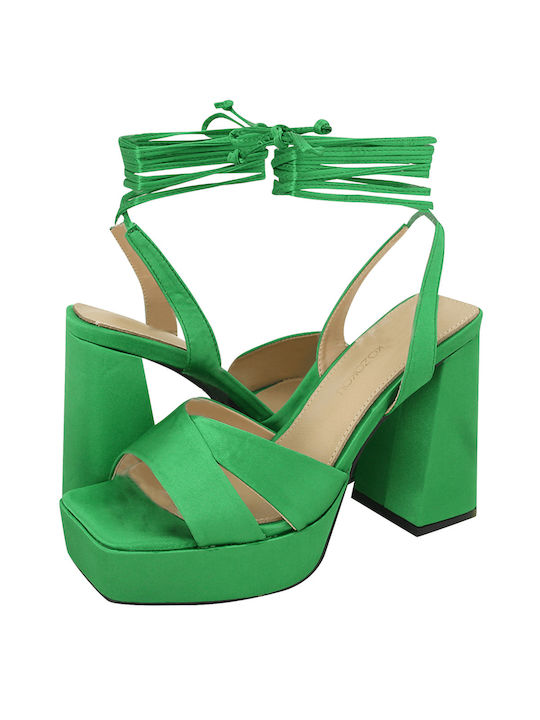 Gianna Kazakou Platform Fabric Women's Sandals with Laces Green with Chunky High Heel