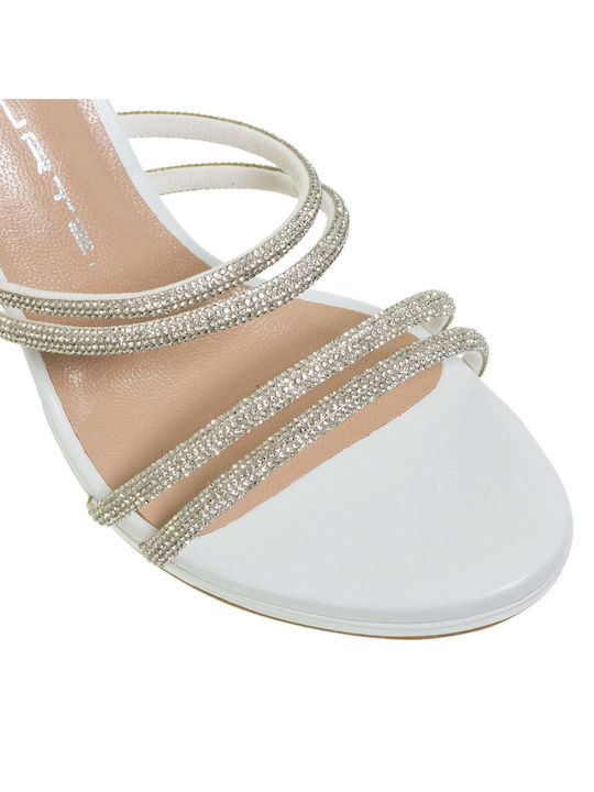 Mourtzi Leather Women's Sandals with Strass & Ankle Strap White with Thin High Heel