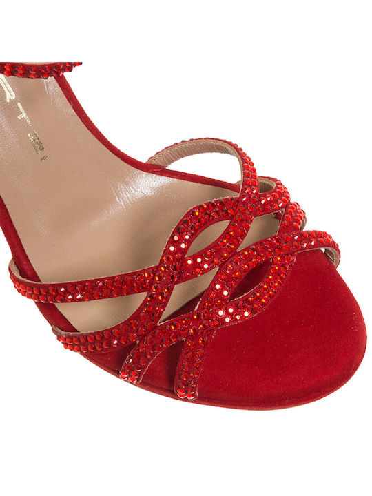 Mourtzi Suede Women's Sandals with Strass Red with Thin Medium Heel