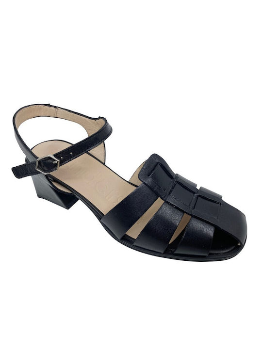 Wonders Leather Women's Sandals Black with Chunky Medium Heel