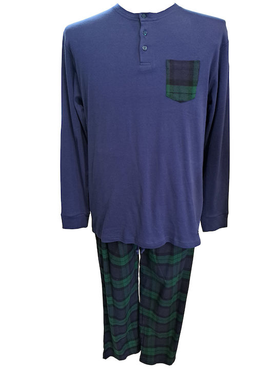 Noidinotte Men's Winter Cotton Checked Pajamas Set Blue