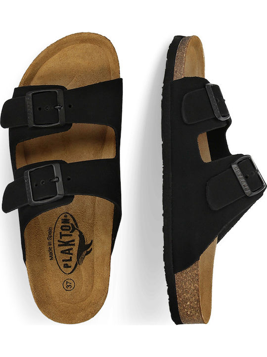 Leather Women's Flat Sandals Nubuck Black
