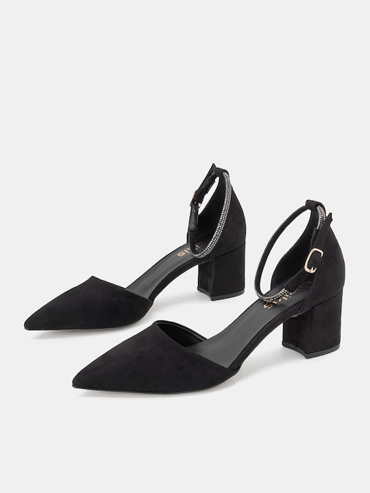 Suede Pointed Toe Black Medium Heels with Strap