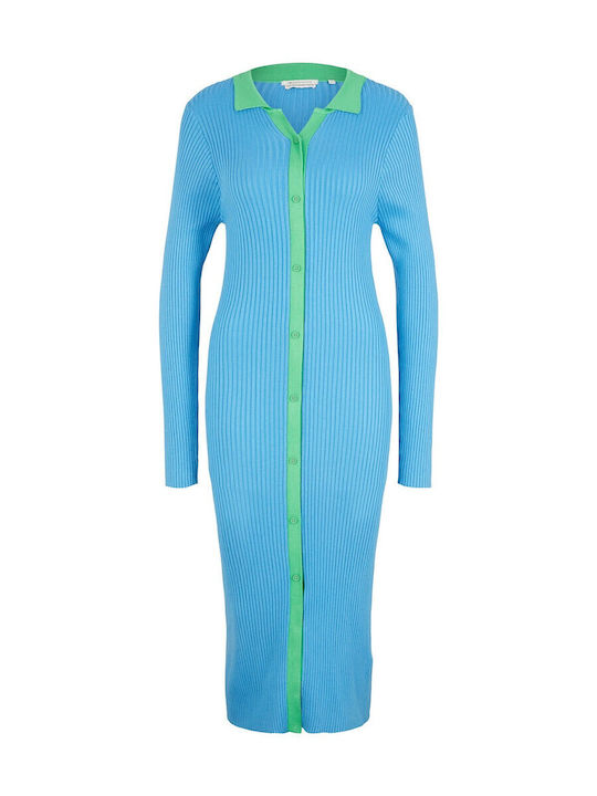 Midi Knitted Shirt Dress with Tearing Light Blue